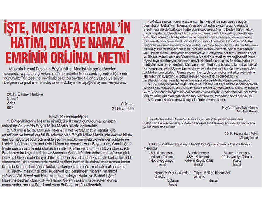 Mustafa Kemal Meclis'in dualarla ve namazla açılmasını emretmiş 3