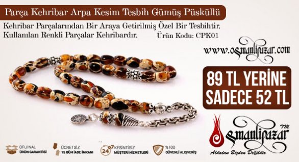 Parça Kehribar Arpa Kesim Tesbih Gümüş Püsküllü