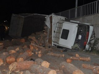 Freni Patlayan Odun Yüklü Kamyon Devrildi