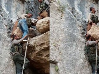 İnanılmaz kare! Dağ taş komando